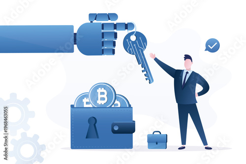 Smart businessman receives digital key from robotic hand to secure bitcoin wallet, highlighting intersection of AI, automation and cybersecurity.