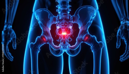 Human Pelvis Anatomy with Pain Indication - Medical Illustration in Blue and Red