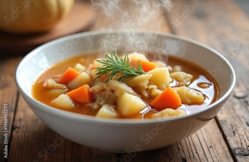 Hot steaming cabbage soup in white bowl on rustic wood table. Hearty vegetable stew with carrots and potatoes, garnished with herb. Warming winter comfort food.