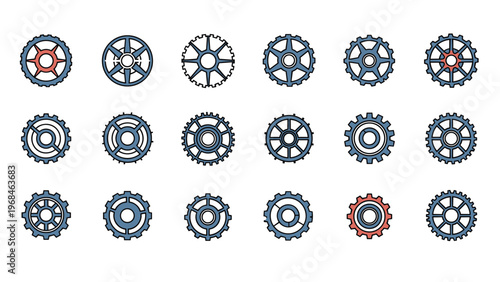Detailed set of mechanical gear and sprocket icons in blue and red colors for technical diagrams and interface design.