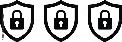 Shield with padlock icons, set of three black and white symbols representing security protection digital safety and data privacy for business and tech design.