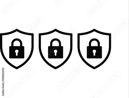 Shield with padlock icons, minimalist trio of vector shields containing padlocks illustrating security, protection, cybersecurity, and access control concepts.