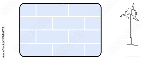 Renewable energy, infrastructure design, sustainability, construction , alternative power, and environmental technology. Wind turbine next to a light brick wall. Renewable energy and construction