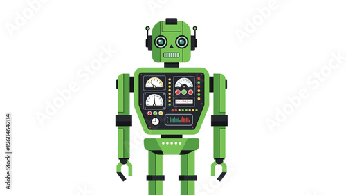 Green industrial robot character with various control panels gauges and antennas isolated on a white background.