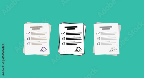 Stacks of documents rest on a teal background. Each sheet holds lines and symbols, suggesting data or notes. The pages vary slightly, hinting at different records or categories