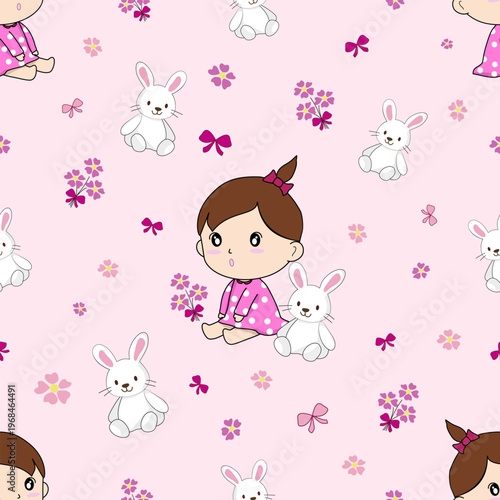 Cute Baby Girl and Bunny Seamless Pattern for Nursery Fabric