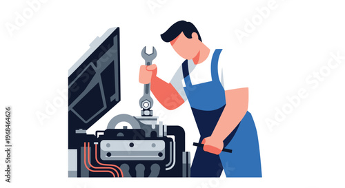 Mechanic repairing engine with wrench tool.