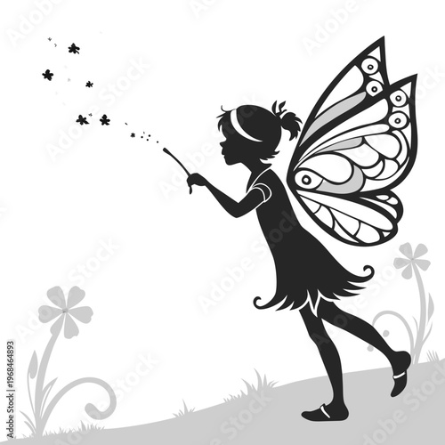 Elegant silhouette of a petite fairy featuring detailed butterfly wings, suggesting enchantment and fantasy.