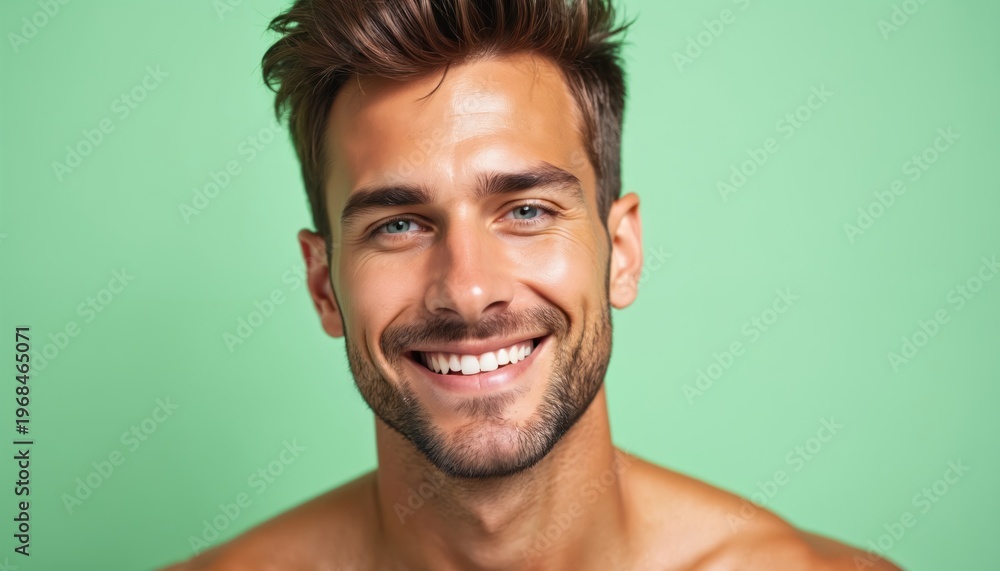 Naklejka premium Man smiles with tanned skin and blue eyes. He has short brown hair and stubble. Studio portrait shows male model against plain green backdrop for beauty ads.