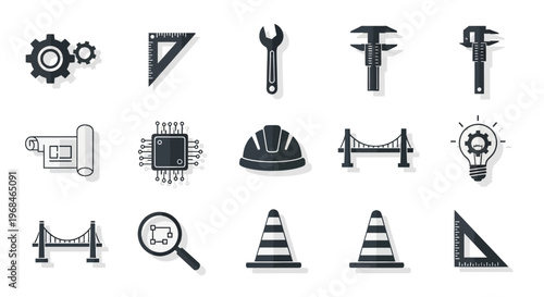 Industrial construction tools and symbols.