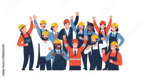 Diverse group of construction workers celebrating.