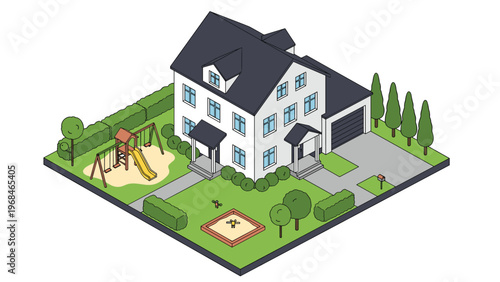 Isometric view of a modern two story house with a garage playground and green yard isolated on a white background.
