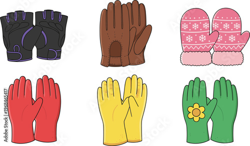 Vector illustration of gloves and mittens including leather, rubber, fingerless, winter, and gardening styles