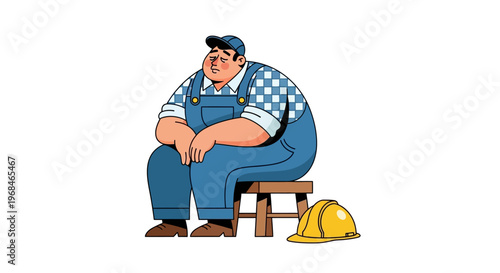 Man sitting on a stool wearing overalls.