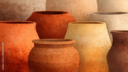 A collection of ancient clay pots on display in a museum exhibit hall with various shapes.