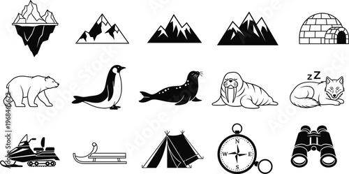 Arctic wildlife and exploration icon set featuring polar bear penguin seal walrus mountains igloo sled tent compass binoculars vector illustration