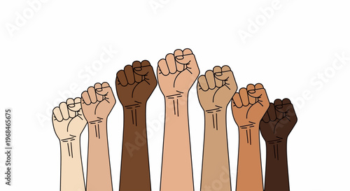 Diverse hands with fists raised high.