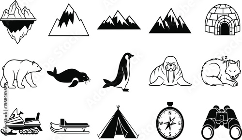 Arctic exploration icon set with polar animals mountains igloo sled tent compass binoculars winter wildlife vector silhouette collection illustration