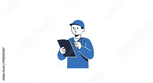 Man in blue uniform holding tablet.