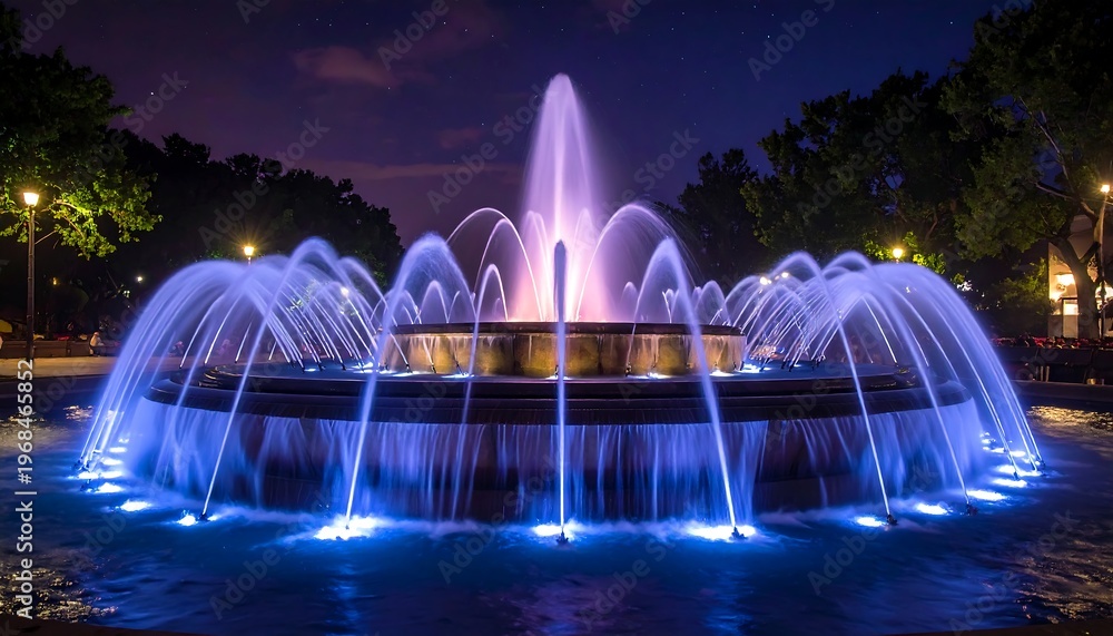 Fototapeta premium A nighttime scene of a large illuminated fountain