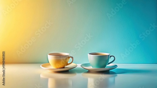 Two ceramic cups of hot beverage on saucers against a gradient background