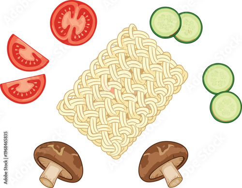 Vector illustration of instant noodles block with tomato slices, cucumber slices, and mushrooms arranged symmetricall