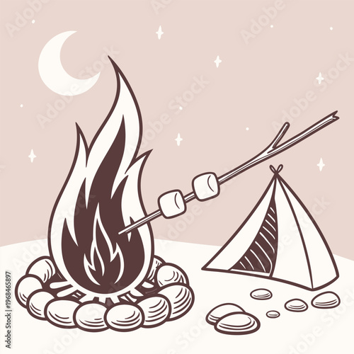 Vector silhouette of a small campfire with marshmallows being roasted, ideal for camping adventures.