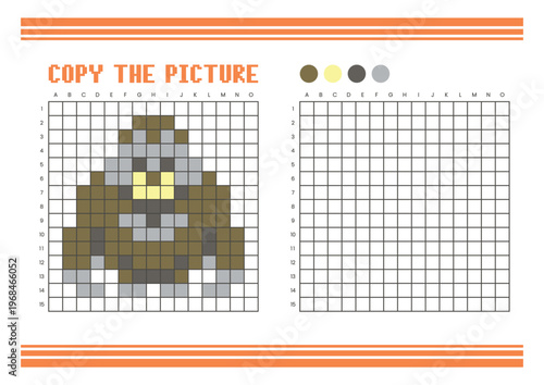 Copy the picture grid drawing worksheet for kids. Pixel art orangutan