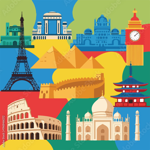 Colorful illustrated collage of world landmarks and famous monuments (1)