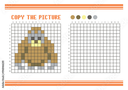 Copy the picture grid drawing worksheet for kids. Pixel art orangutan
