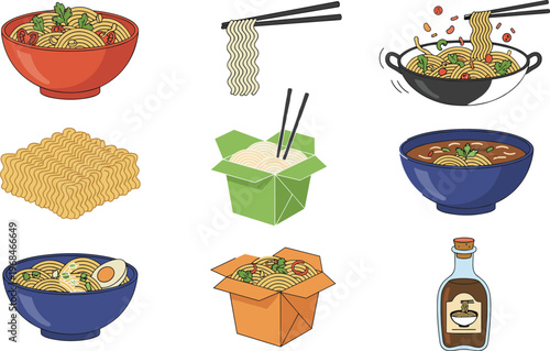 Vector illustration of noodle dishes including ramen, instant noodles, takeout boxes, bowls, and soy sauce bottle