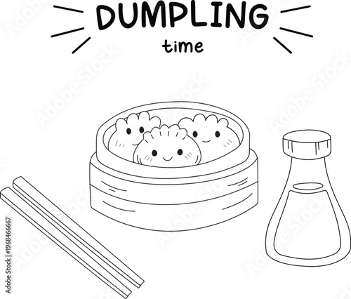 Cute food cartoon illustration of chinese dumpling traditional food in line art outline style for coloring book, children, asset, restaurant, design