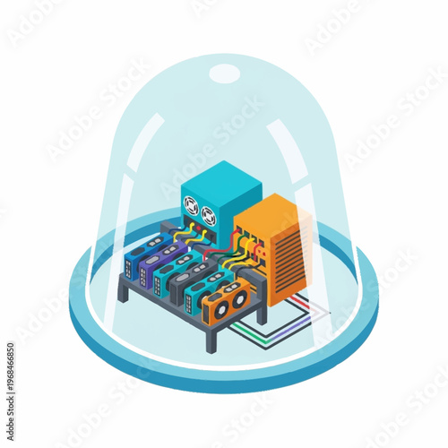 Cryptocurrency Mining Rig Under Glass Dome Isometric Illustration.
