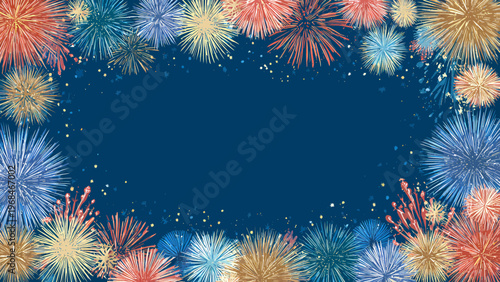 Vibrant fireworks explode in a dark night sky with varied colorful displays