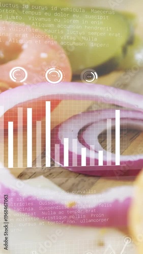 Vertical video: Red onion ring holding focus while HUD overlays fading in tracking food assembly