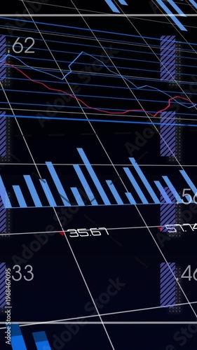 Vertical video: Tilted grid initiating pan, data dashboard rotating, charts updating to show trends