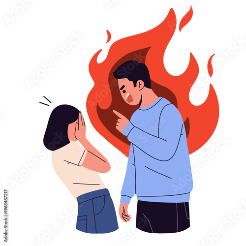 illustration a couple emotional struggle, depicting a heated argument with fiery backgrounds symbolizing conflict and frustration. ideal for topics related to relationship dynamics, communication isue