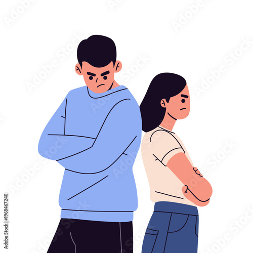 illustration shows a couple in the middle of a heated conversation, with gestures indicating frustration or disagreement. ideal for illustrating relationship struggles, communication breakdowns,