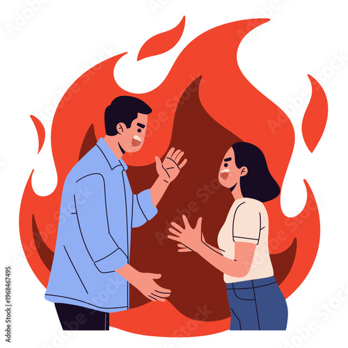 illustration a couple emotional struggle, depicting a heated argument with fiery backgrounds symbolizing conflict and frustration. ideal for topics related to relationship dynamics, communication isue