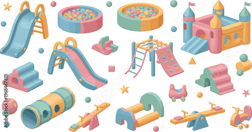 Kids playground equipment vector set featuring slides ball pit climbing structures tunnels seesaw and colorful outdoor play park elements