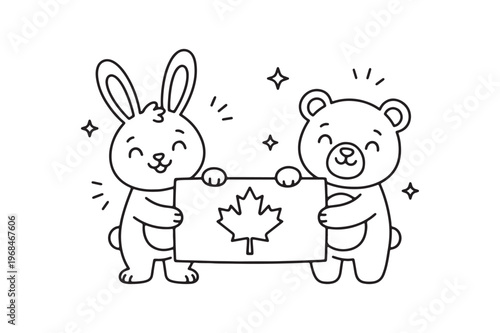 Happy Canada Day Greeting Design with Cute Animals, Patriotic Banner Vector for Children
