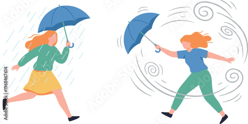 Vector illustration of people with umbrellas in rain and wind weather conditions