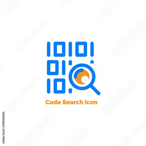 Blue code search icon featuring binary numbers with an orange magnifying glass for software development and programming analysis isolated
