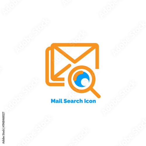 Mail search icon featuring orange envelope and magnifying glass with blue lens for finding digital messages and emails isolated
