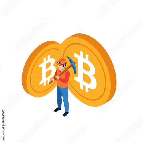 Isometric Bitcoin Miner with Pickaxe and Two Large Bitcoin Coins.