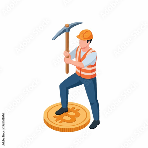 Isometric Bitcoin Miner with Pickaxe on a Gold Coin.