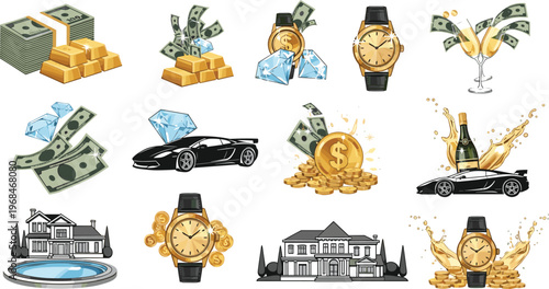 Luxury lifestyle and wealth concept vector set featuring cash diamonds sports cars watches champagne mansion and premium success symbols