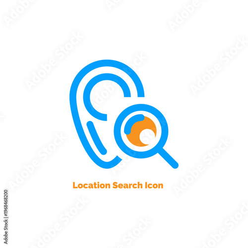 Location search icon with a blue map pin outline and orange magnifying glass for finding places navigation and destination
