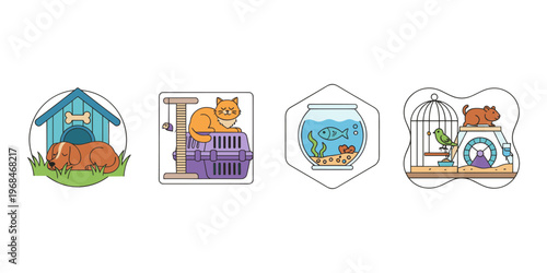 Domestic pets living in comfort, cartoon illustrations of a dog in a kennel, cat on carrier, fish in bowl, bird and hamster in cages