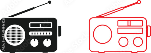 Two vintage portable radios black and red outline illustrations